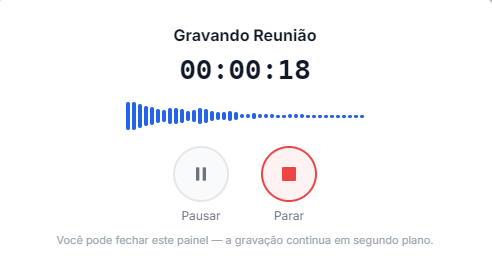 Modal de gravação de reunião com cronômetro e controles